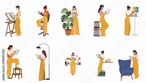 Vector set of diverse female artists in yellow overalls working on digital tablets in various creative workspace environments and poses.