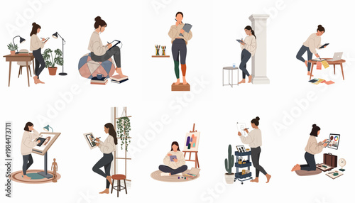 Set of diverse women artists and designers working on digital and traditional art projects in various creative home and studio environments.