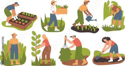 Minimalist gardening activity illustration set featuring people planting watering harvesting and tending crops in flat outdoor scene collection