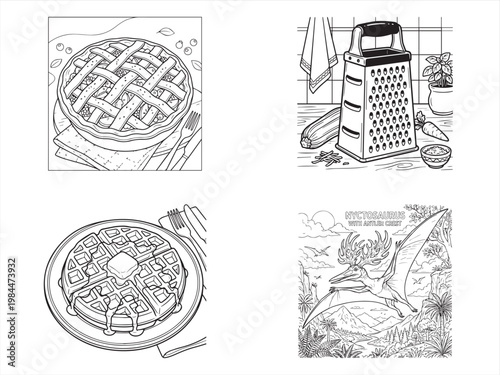 Black and white line art illustrations, kitchen utensils and waffle irons, 3 vector icons, grater and baking tools