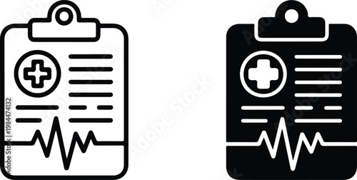 Minimalist medical clipboard icon set featuring healthcare document symbols with cross mark text lines and heartbeat waveform design