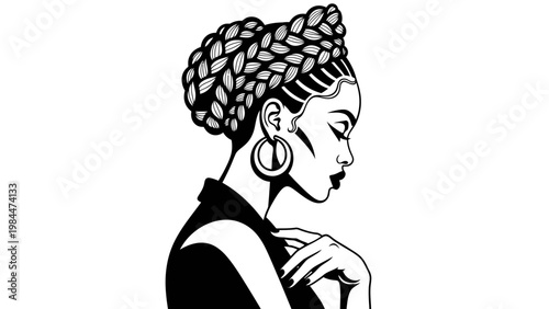 Black Woman Portrait, Braids Updo, Hoop Earrings, Profile View, Elegant Style