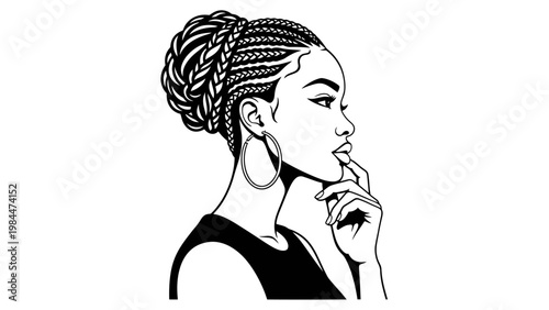 Black Woman Profile Portrait with Braids Updo and Hoop Earrings