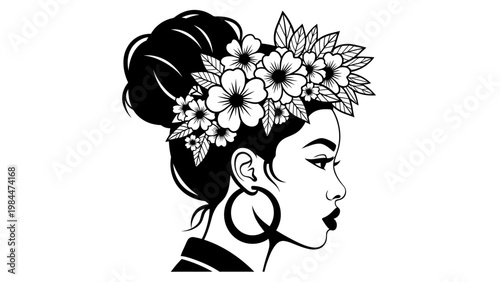 Elegant Black Woman Profile with Flower Crown and Bun Hairstyle