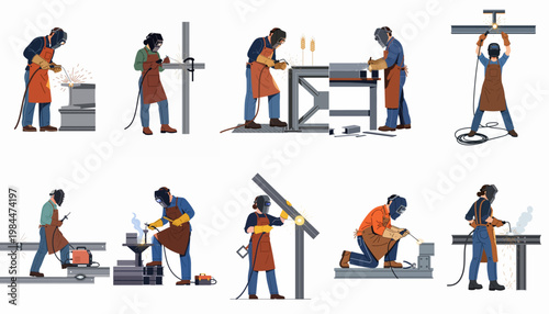 A diverse collection of flat vector illustrations featuring male and female welders in protective gear performing various industrial metal fabrication tasks.
