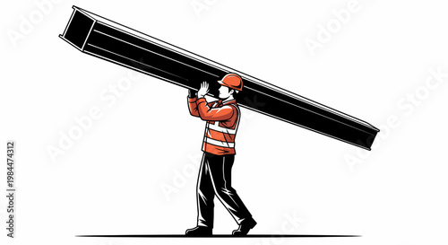 Illustration of a construction worker in a hard hat and safety vest carrying a heavy metal beam on his shoulder, depicting manual labor and industrial work.