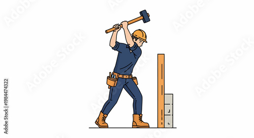 Construction worker in hard hat swinging a sledgehammer to strike a wooden post on bricks, illustrating manual labor and building tasks.