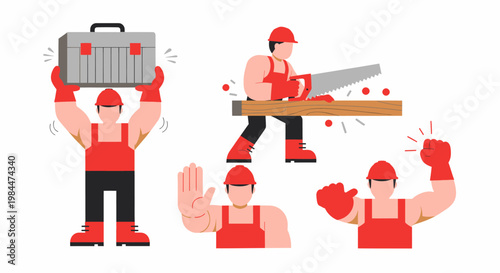 Illustration of a strong construction worker in various poses, including lifting a toolbox, sawing wood, making a stop gesture, and flexing muscles, depicting labor and safety.