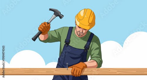A construction worker wearing a hard hat and overalls is carefully hammering a nail into a wooden plank under a clear blue sky.