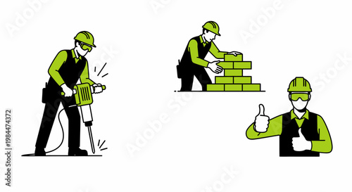 Illustrations depicting construction workers performing various tasks including jackhammer operation, bricklaying, and showing approval.