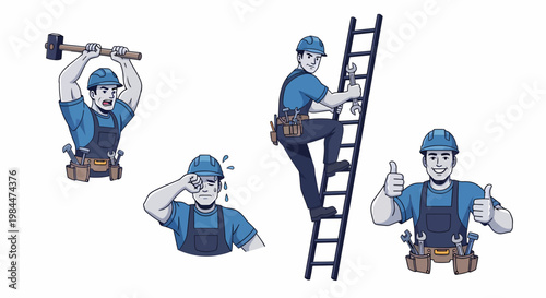 Various illustrations of a male construction worker: hammering, climbing a ladder, wiping sweat, and giving a thumbs-up, representing labor and handyman services.