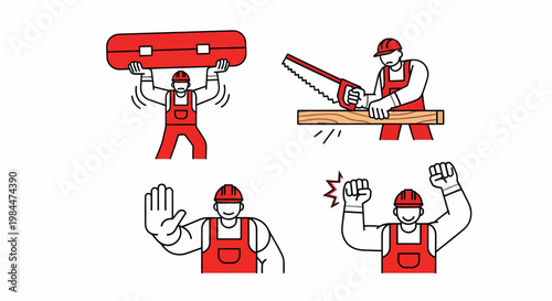 Four illustrations depicting a construction worker performing various actions: lifting a toolbox, sawing wood, making a stop gesture, and showing frustration or determination with clenched fists.