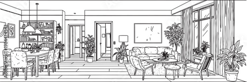 Architectural sketch of a modern interior space with open layout and natural light