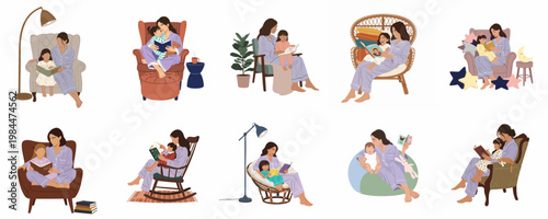 Vector illustration set of a mother and daughter bonding while reading bedtime stories together in various cozy home chairs and pajamas.