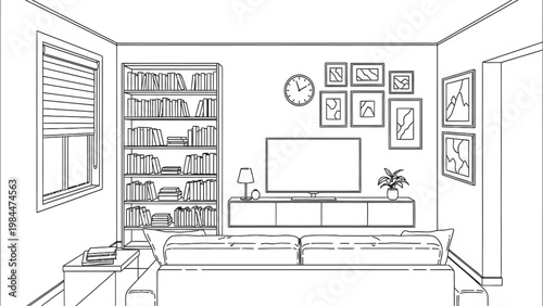 Hand drawn sketch of a modern living room interior with a bookshelf sofa and wall decorations
