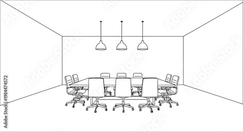 Architectural sketch of a dining room with table and pendant lights
