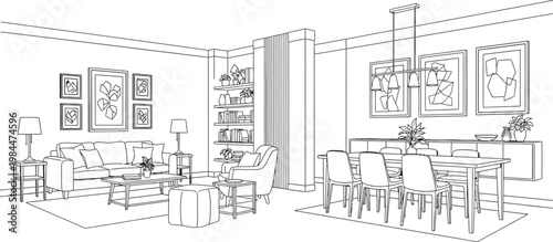 Detailed sketch of an indoor retail space with multiple framed displays and a counter area showcasing a modern aesthetic