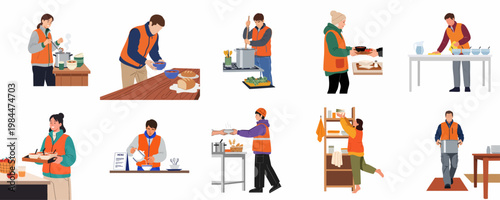 Set of diverse volunteers working in a community soup kitchen, preparing, serving, and organizing food for people in need.