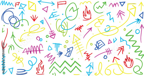 A vibrant and chaotic abstract background filled with colorful scribbles arrows and geometric shapes
