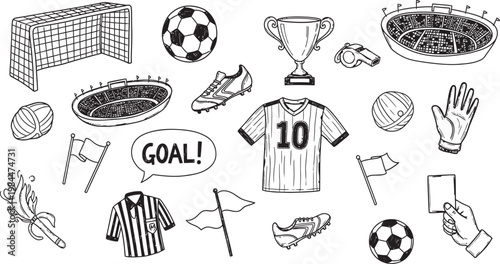 A collection of hand drawn soccer elements including goals balls trophies jerseys and referee items