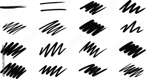 Collection of black brush strokes and scribble textures for artistic design and backgrounds