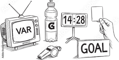 A black and white sketch depicting various objects related to sports and technology including a tv bottle and clock