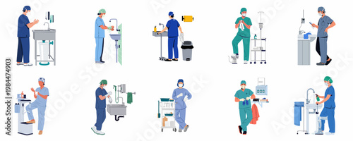 Collection of medical professionals performing surgical hand scrubbing and hygiene procedures before surgery in a clinical hospital setting.