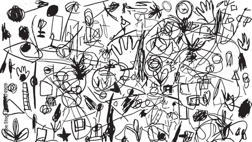 Abstract expressionist ink drawing chaotic lines and shapes in black and white