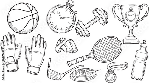 Sketch of various sports equipment and athletic gear in a hand drawn style