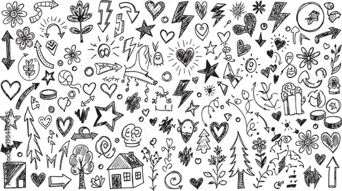 A chaotic collection of hand drawn doodles and sketches in black ink creating a whimsical and artistic collage