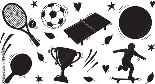 Black and white sports icons collection a variety of athletic equipment and figures