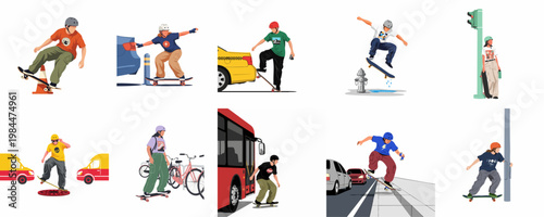 Set of urban skateboarding illustrations featuring diverse people performing tricks and navigating city streets with cars, buses, and street furniture.