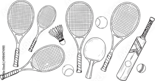 Vintage racket sports collection a black and white illustration of tennis badminton and squash equipment