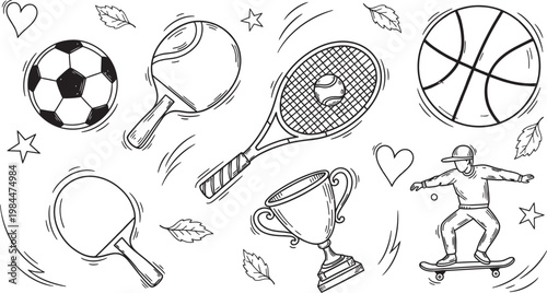 A whimsical black and white doodle collection featuring various sports equipment and active lifestyle elements