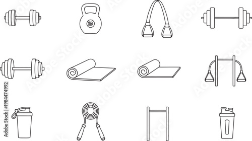 Line art illustration of various gym and fitness equipment including dumbbells barbells and exercise machines