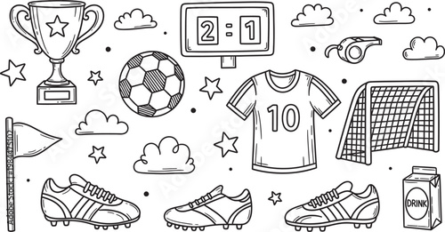 Sketch of football soccer elements a hand drawn collection of sporting goods and accessories