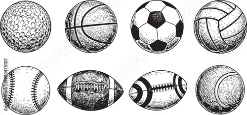 Collection of eight sport balls illustrated as easter eggs in a sketch style