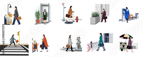 Flat Vector Illustrations of Professional Businesswomen Navigating Daily Urban Life, Commuting, and City Environments