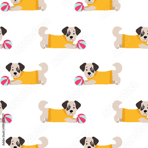 Seamless pattern with cute cartoon dog playing with ball, flat vector style, minimal design, soft pastel colors, isolated on light background, repeating pattern, clean shapes, playful and cheerful moo