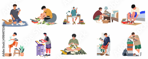 Flat vector illustration set of young sneakerhead men unboxing, cleaning, and trying on new collectible sneakers in their rooms.