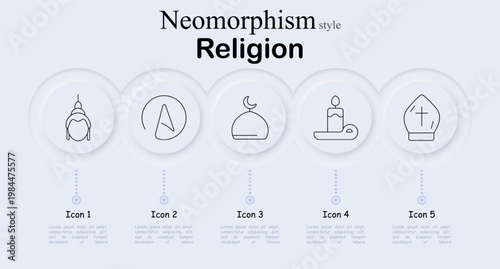 Religion concept icon set in neumorphism style. Line icons showing mosque dome architecture, compass direction symbol, islamic crescent moon dome, candle ritual flame