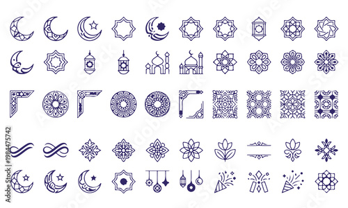 Collection of Islamic cultural symbols including crescents moons stars lanterns mosques and geometric patterns