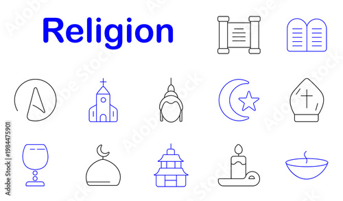 Religion spiritual set icon. Line style icons display scroll scripture, stone tablets, church building, bishop hat, crescent star, temple structure, candle flame, prayer bowl, goblet cup, mosque dome