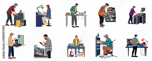 Collection of sound engineers and music producers working in recording studios with professional audio mixing boards and equipment.