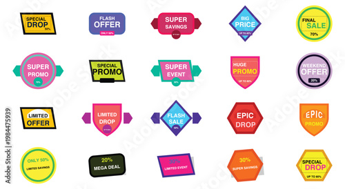 Collection of vibrant colorful retail sale badges and promotional discount stickers featuring bold typography for dynamic marketing campaign and modern e commerce web vector design