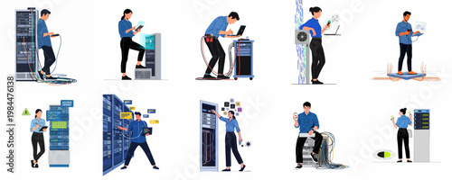 IT engineers and data center professionals working on server racks, network maintenance, and cybersecurity in a modern flat vector illustration style.