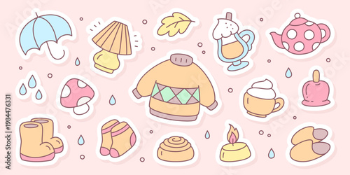 Cozy autumn sticker set with seasonal elements. Collection of cute fall themed items including clothing, drinks and nature symbols in soft pastel colors with warm cozy mood.