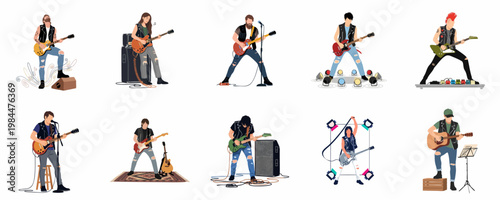 A collection of ten diverse guitarists in various performing poses, featuring rock, punk, and acoustic styles in a flat illustration design.