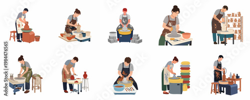 A collection of flat illustrations showing diverse people practicing pottery, shaping clay on wheels, and creating handmade ceramic bowls and vases in a studio.