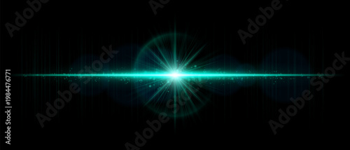 Abstract glowing energy burst with radiant light waves and horizontal beam, dynamic lens flare effect with sparkling particles and subtle motion on dark background